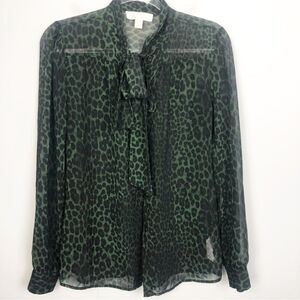 MICHAEL KORS | Green & Black Animal Print Leopard Button Up Shirt Women’s Size S